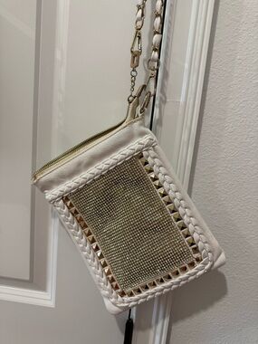MMS Design Studio White Crossbody with Gold Crystal Panel